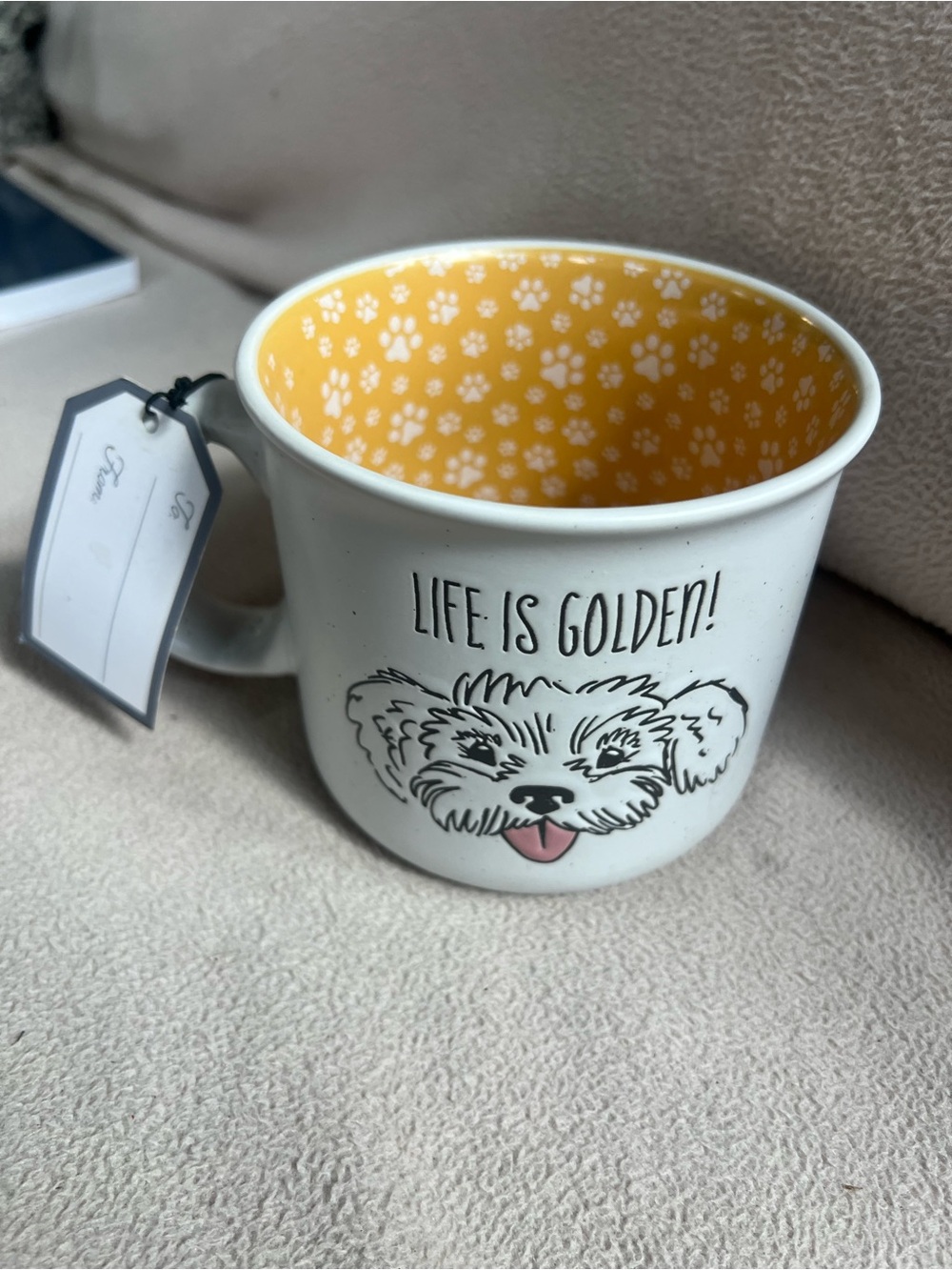 Sheffield Home White Ceramic Mug with Yellow Paw-Print Interior